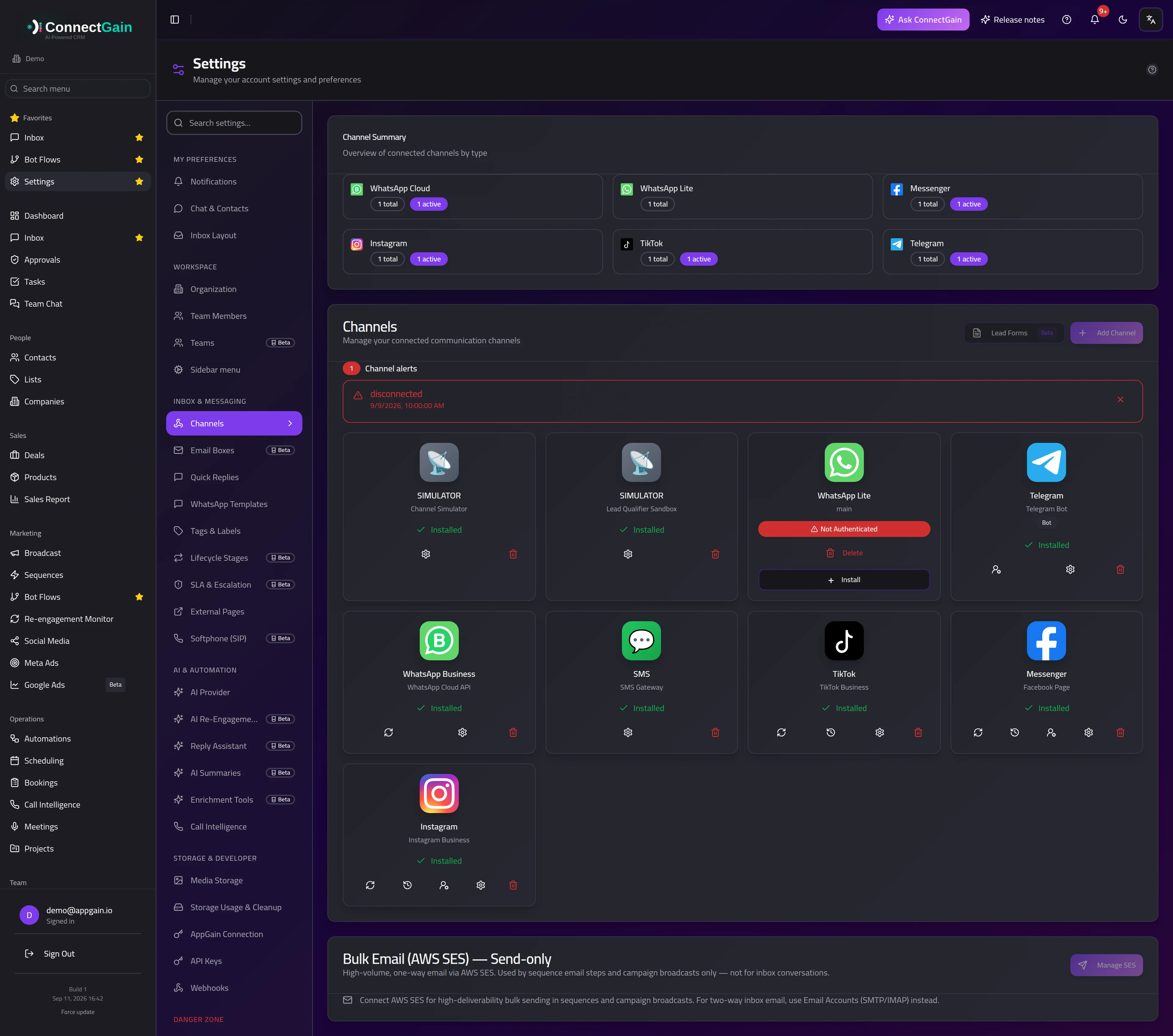 Connected channels, Telegram among them