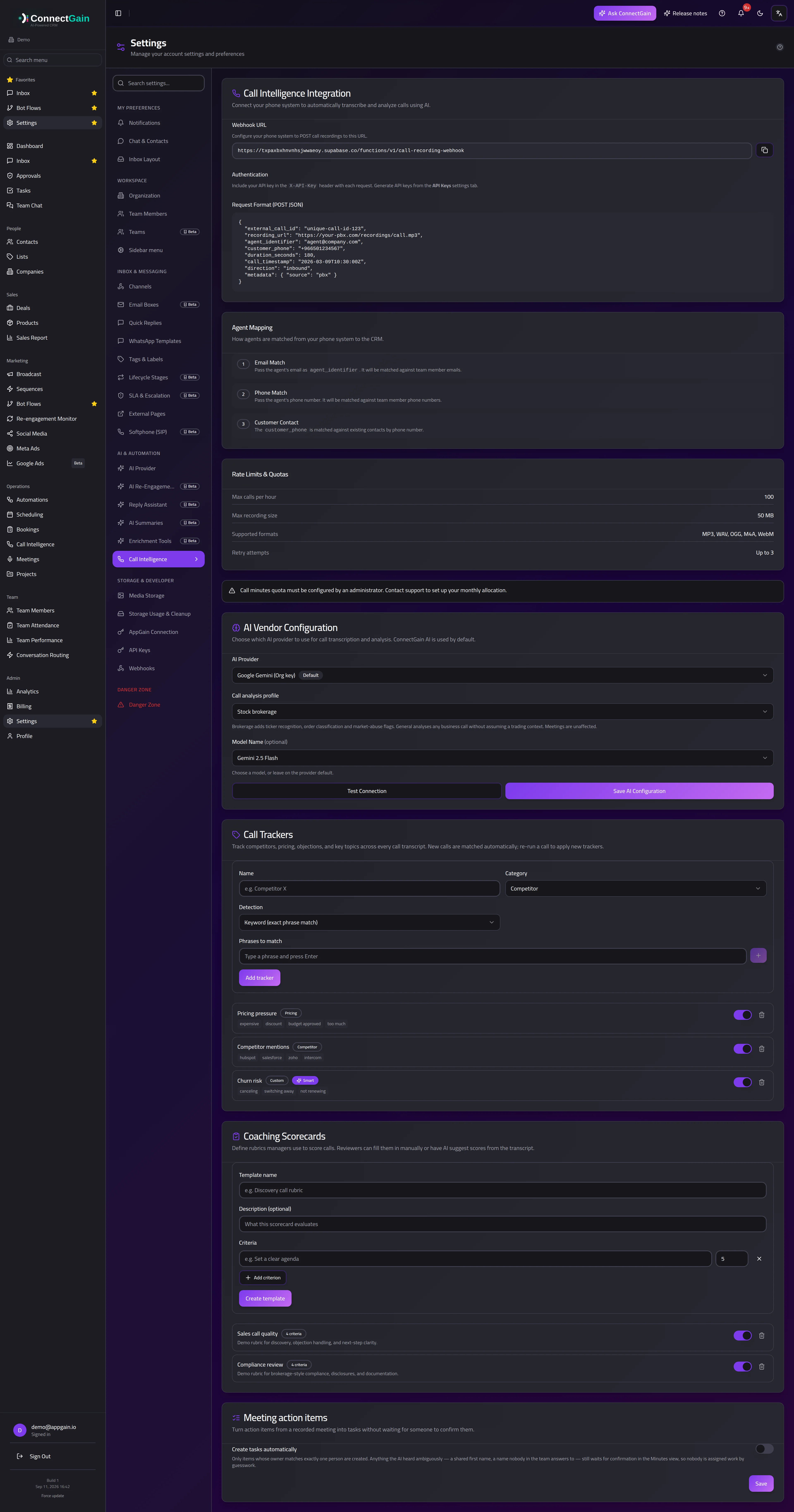 The Call Intelligence settings panel: webhook URL, authentication and limits