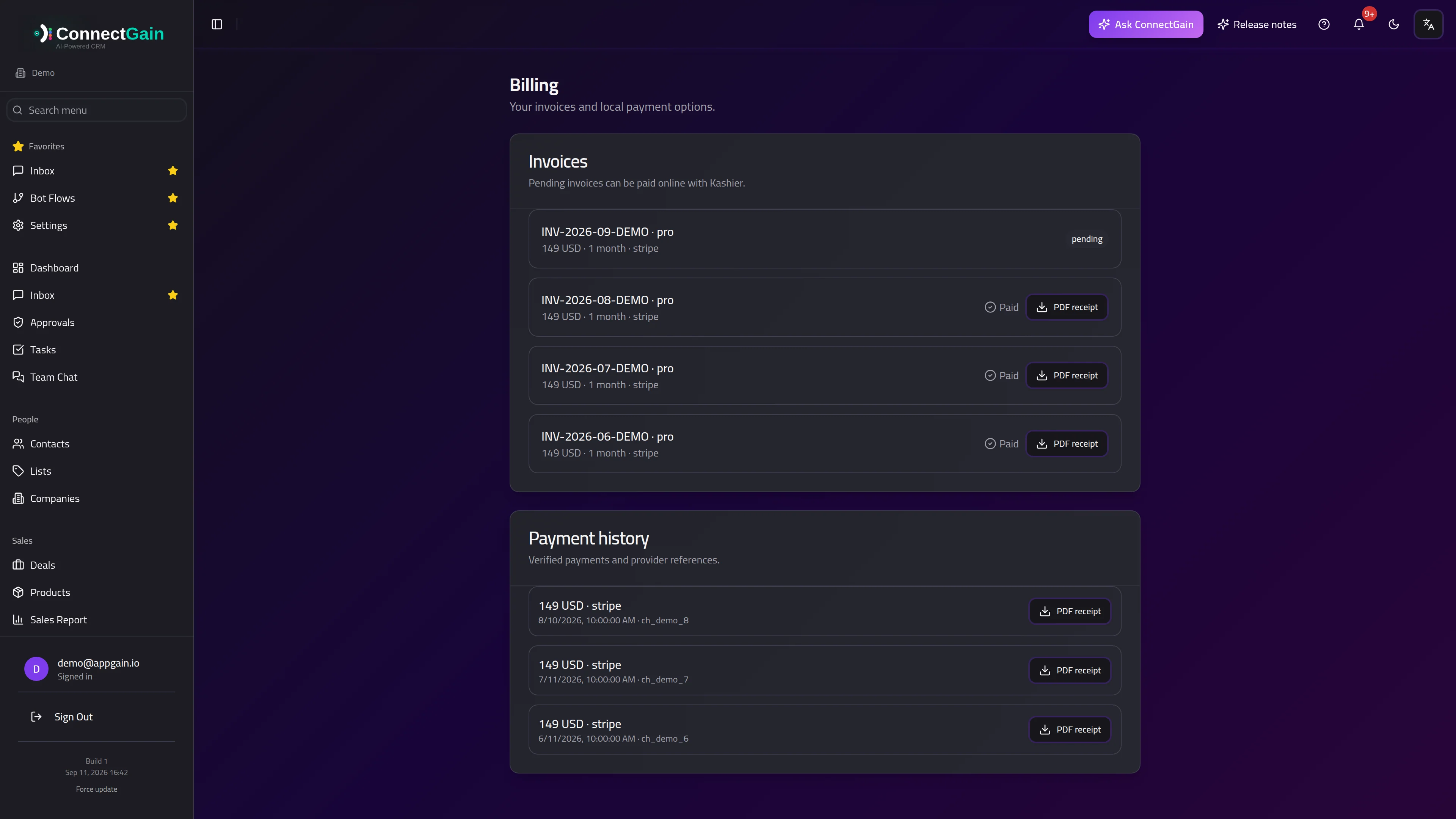 Billing: invoices, online payment and payment history