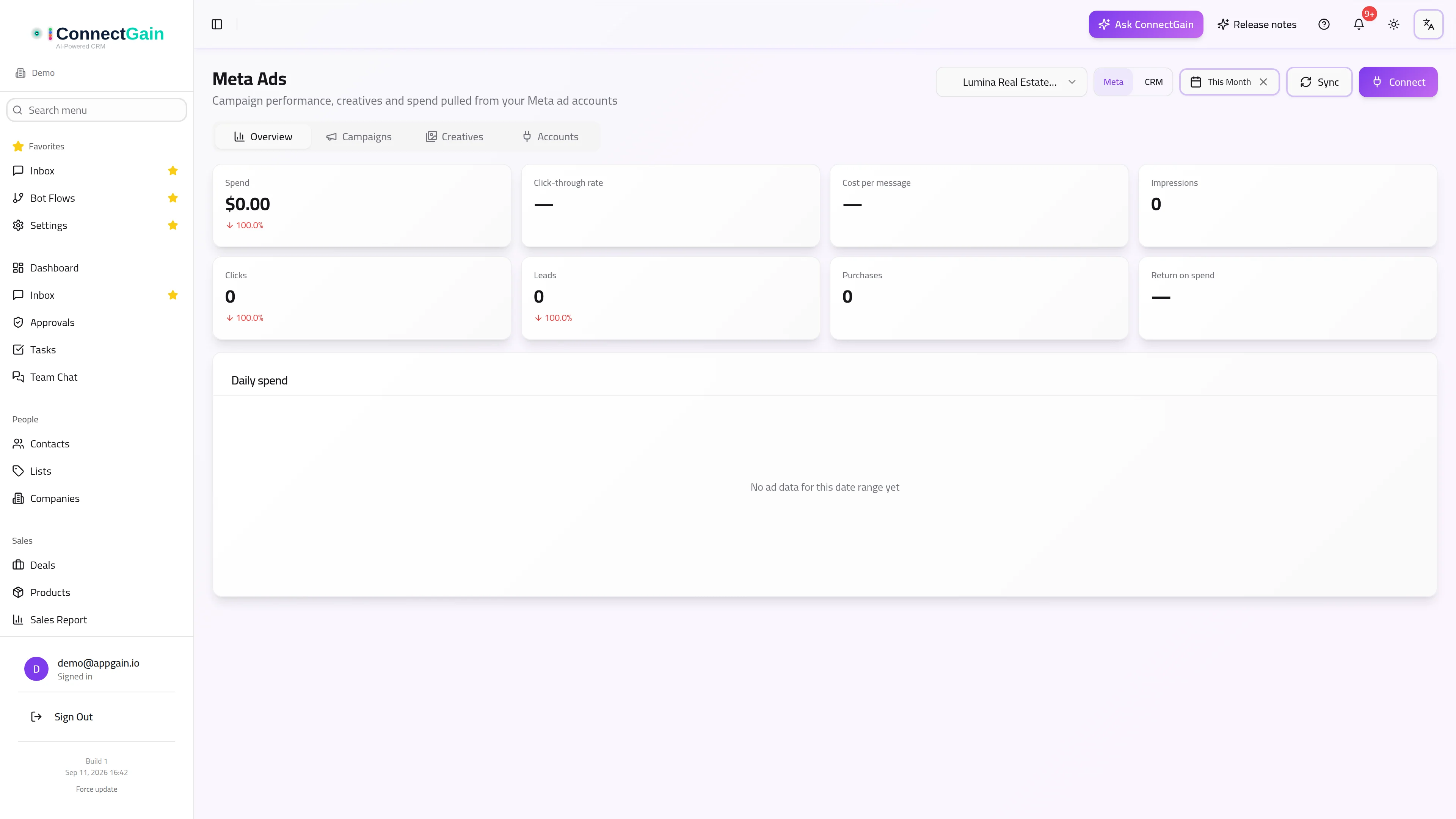 Meta Ads reporting inside ConnectGain