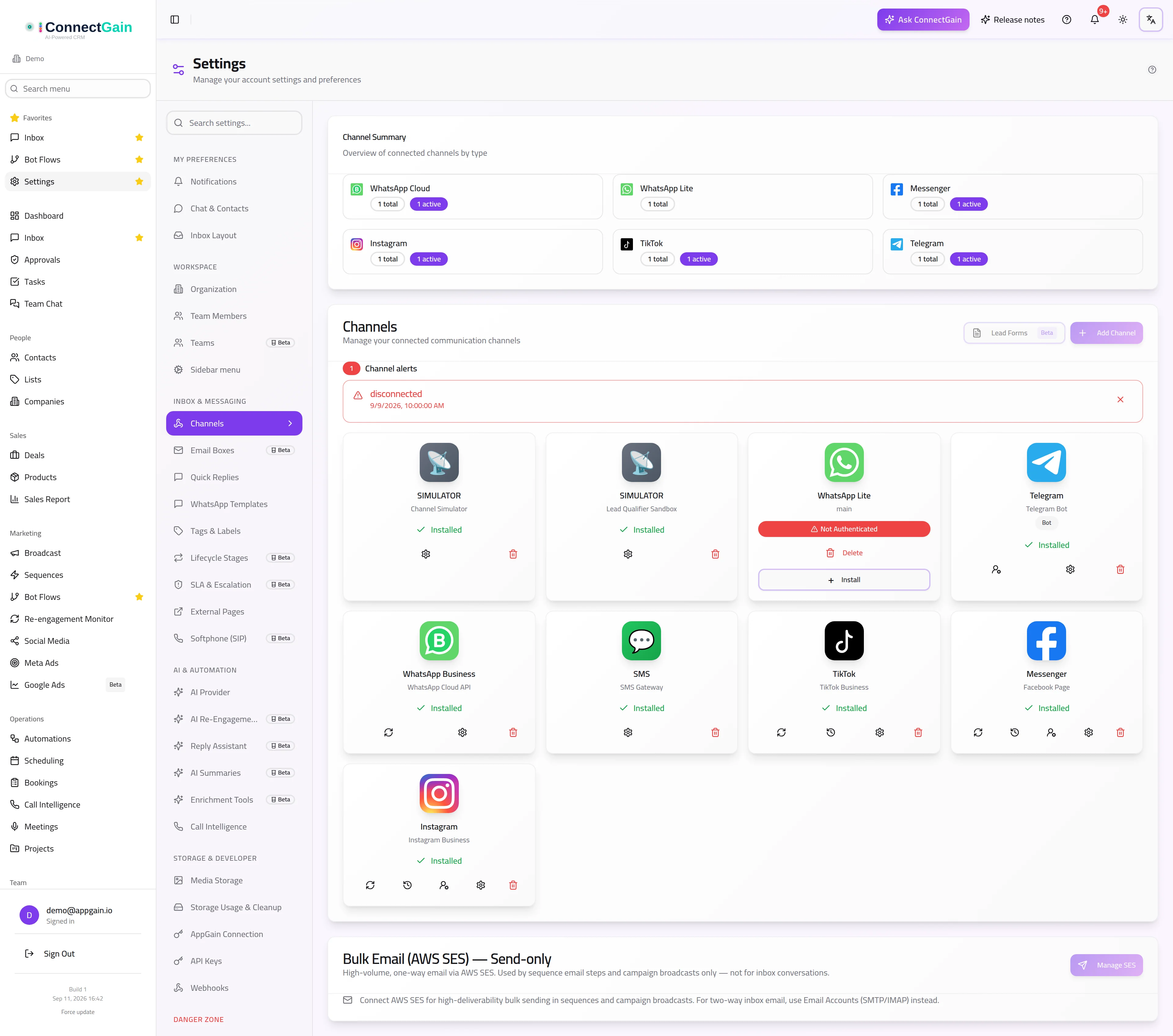 Connected channels, Telegram among them