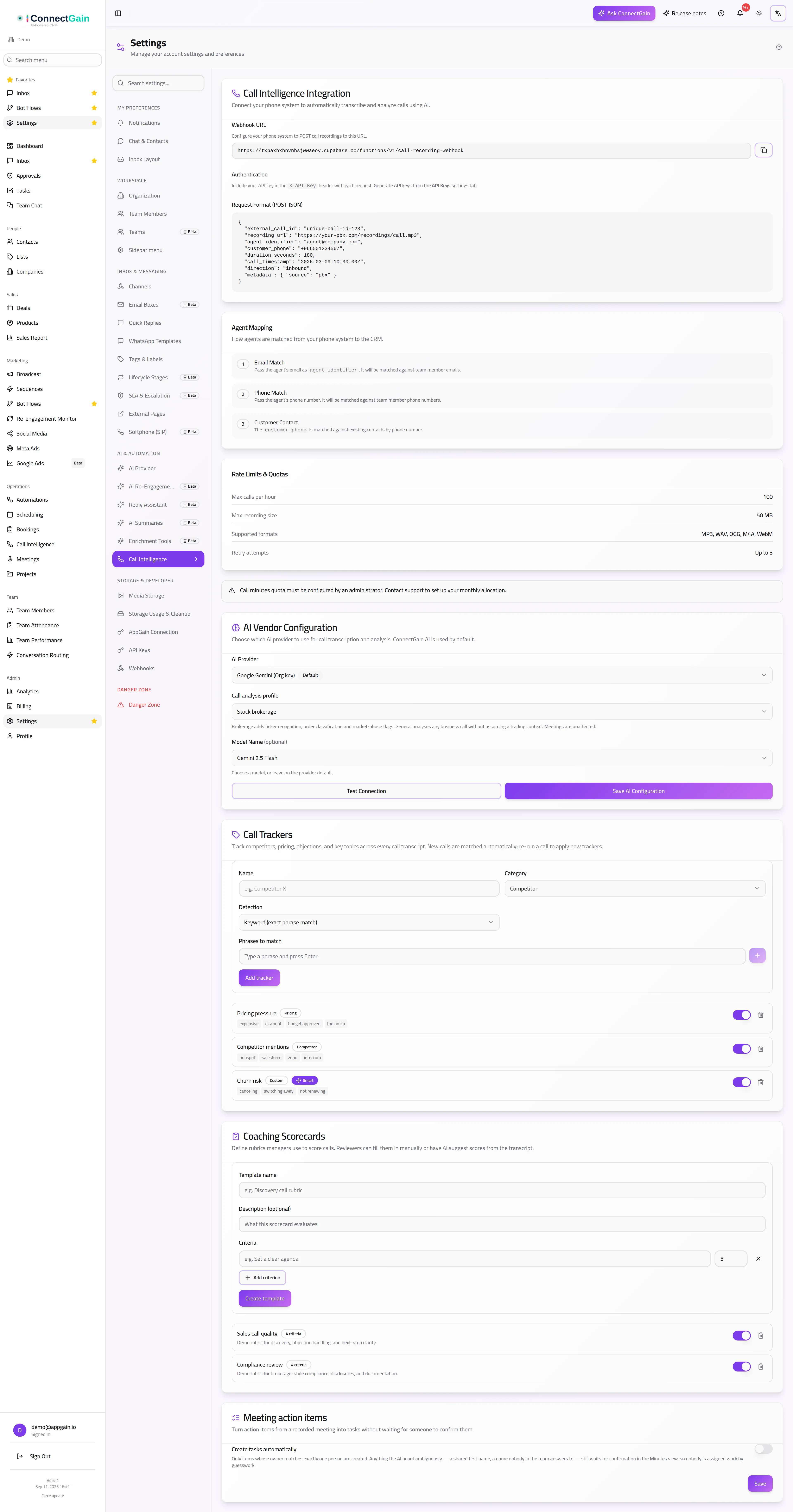 The Call Intelligence settings panel: webhook URL, authentication and limits