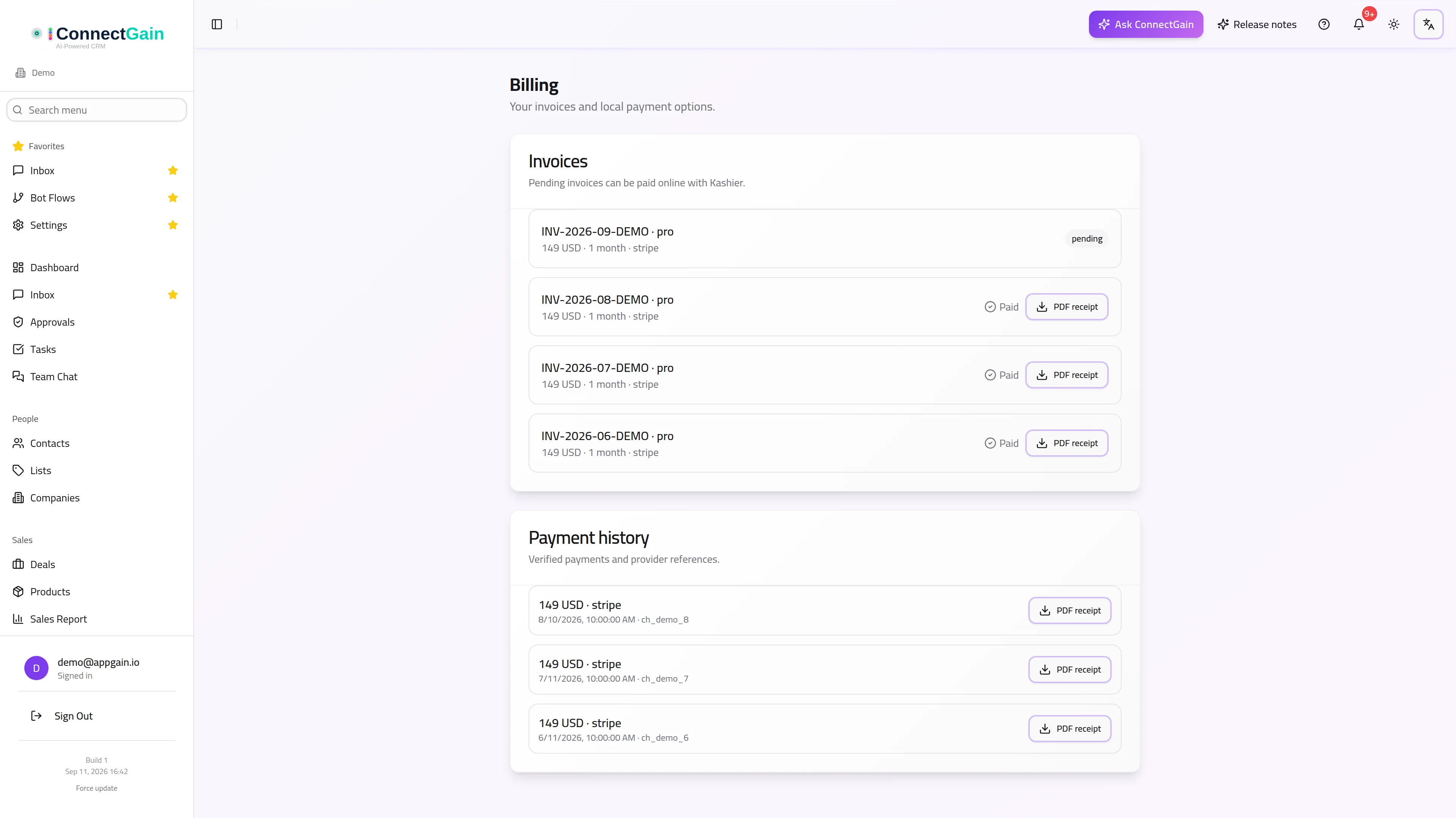 Billing: invoices, online payment and payment history